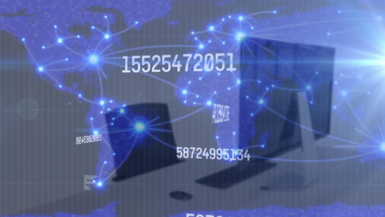 animación de números cambiantes, puntos conectados en el mapa sobre sillas vacías y escritorio en la oficina