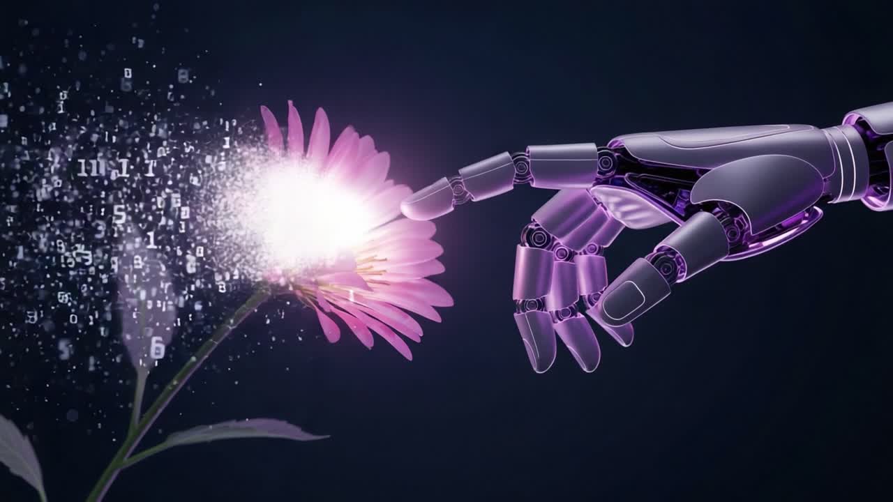 An Ethereal Interaction Between Technology and Nature: A Robotic Hand Reaches Out to a Vibrant Flower, Generating Digital Particles in a Fusion of Art and Science