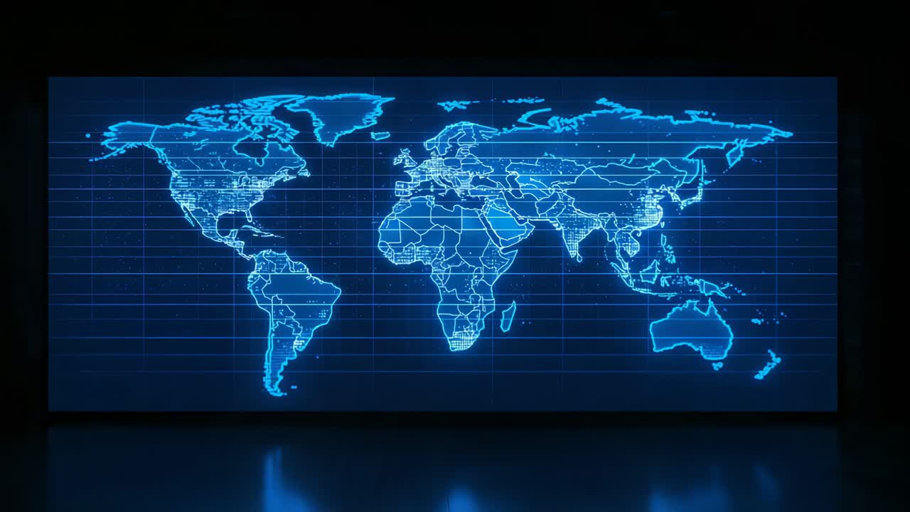 Animazione dello schermo a parete con aumento della luminanza, che mostra la mappa ciano nella control room, con nodi pulsanti
