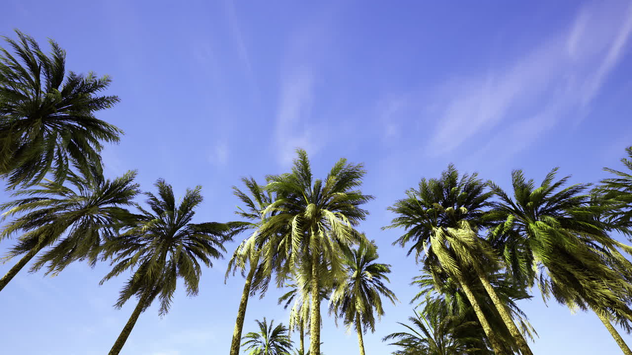Palm trees sway gently under the bright blue sky on a sunny day