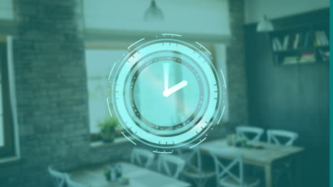 digital clock animation over cozy restaurant interior with wooden tables and chairs