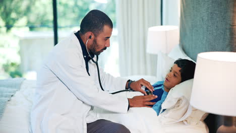 Doctor,-boy-child-and-stethoscope-in-bed-at-house