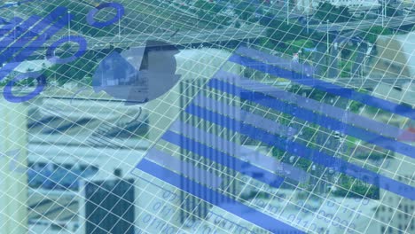 Animation-of-financial-data-processing-over-grid-and-cityscape-background