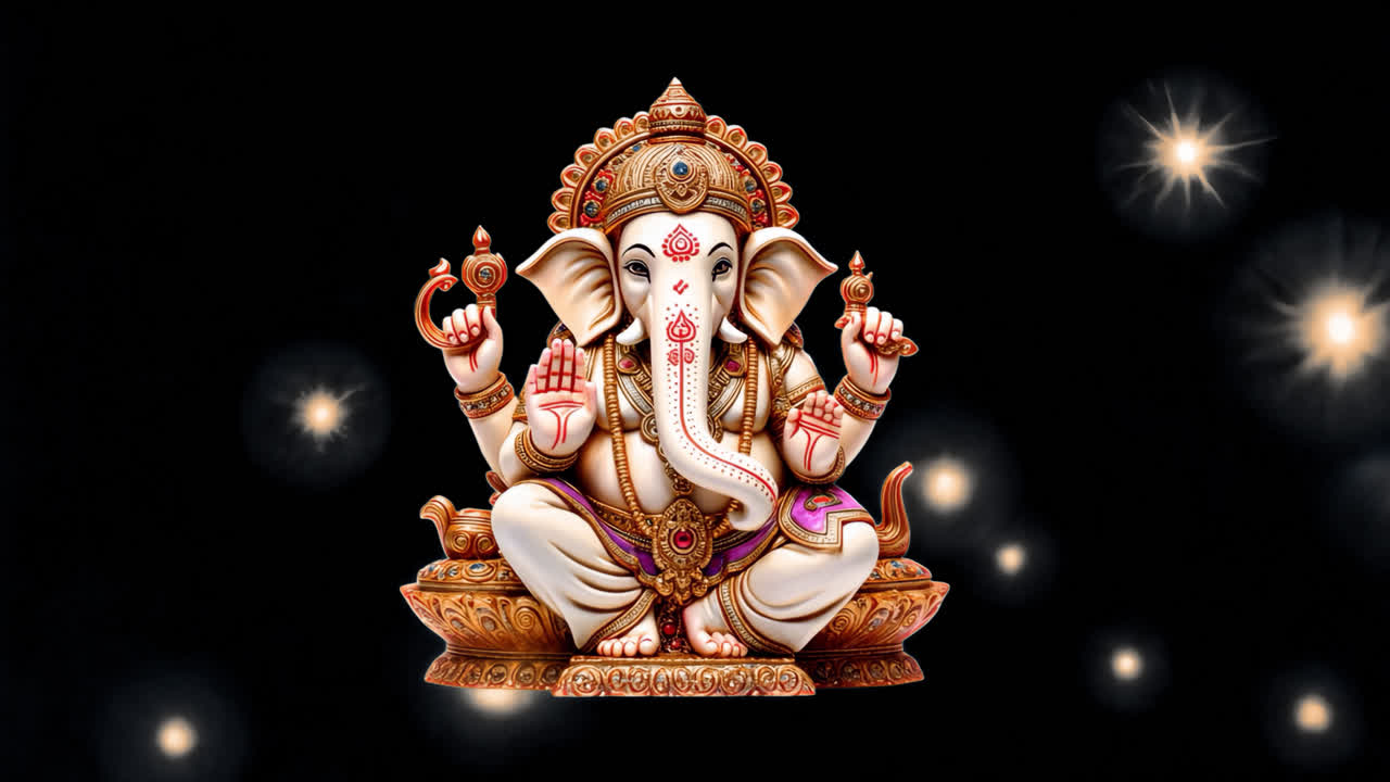 Divine Ganesha illustration animated overlay, transparent 4K video, alpha channel, ProRes 4444