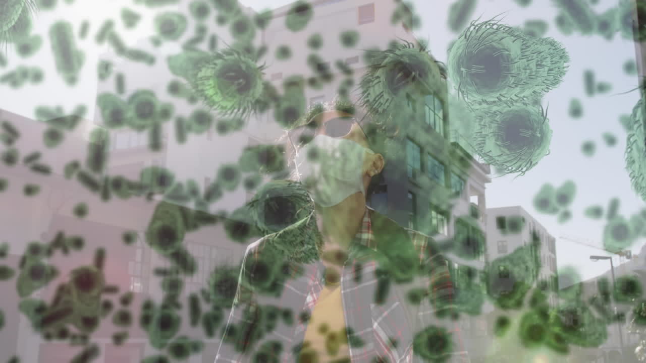 코로나 19 세포가 얼굴 마스크를 입은 여성을 가로질러 움직이는 애니메이션