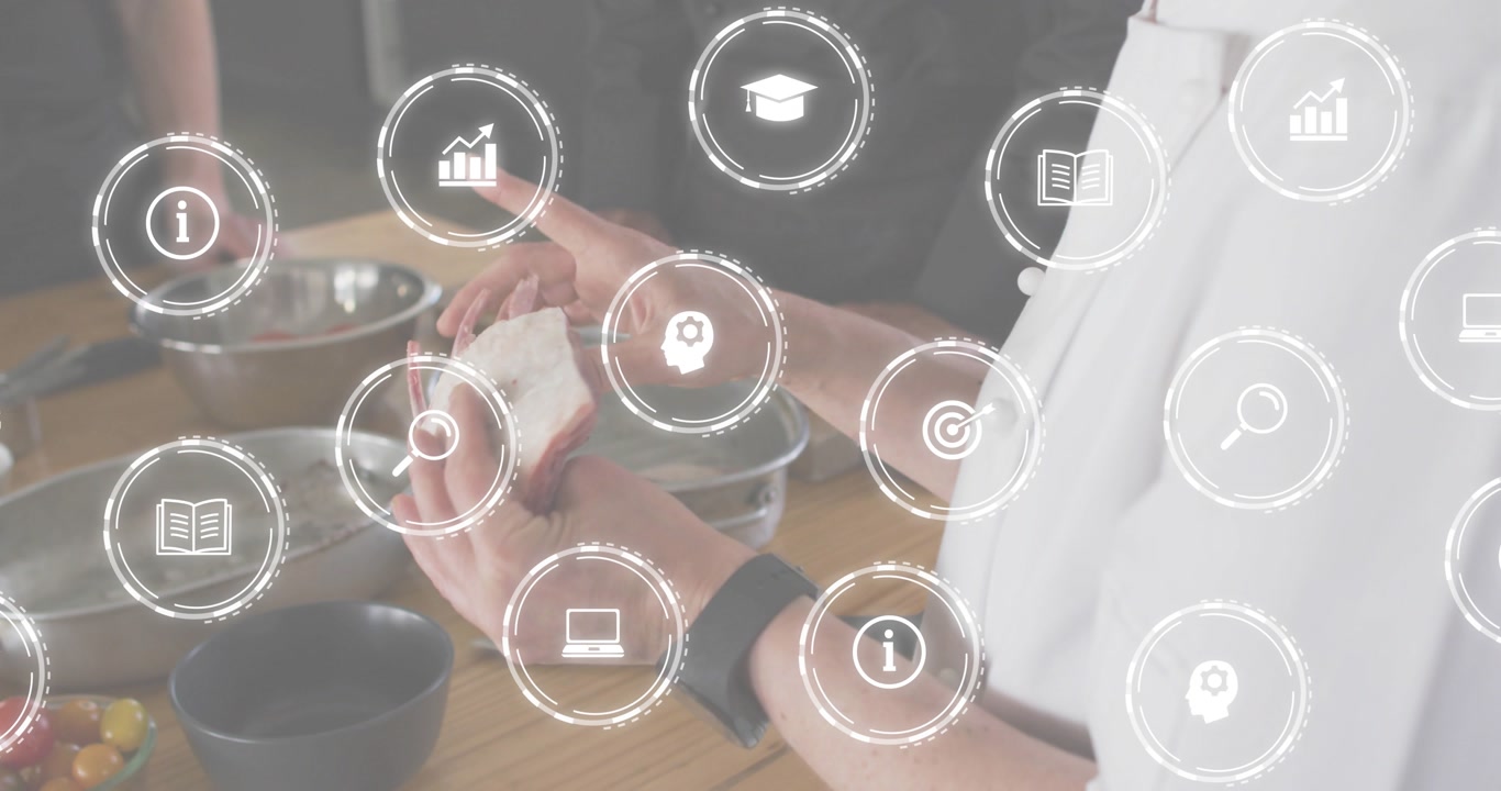 Culinary instructor lifting poultry under overlay, tapping graduation cap icon and checking texture