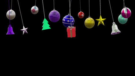 animation of christmas baubles and snow falling on black background