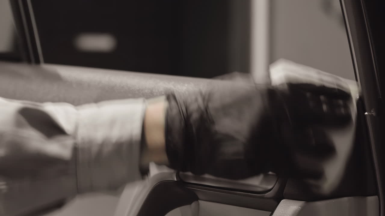 검은 장갑을 입고 차 문 손잡이를 청소하기 위해 녹색 마이크로 파이버 천을 사용하는 엔지니어