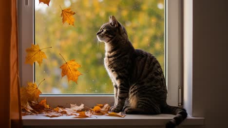 a contemplative cat gazing out the window, surrounded by autumn leaves, capturing the serene beauty of fall and the warmth of indoor comforts