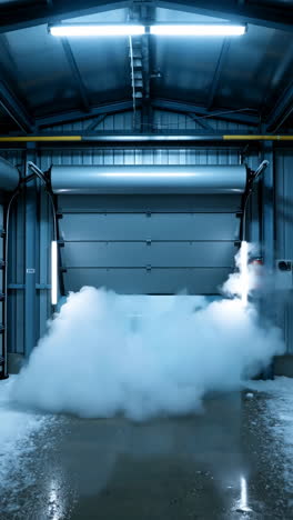 Smoke and Vapor in an Industrial Warehouse Corridor