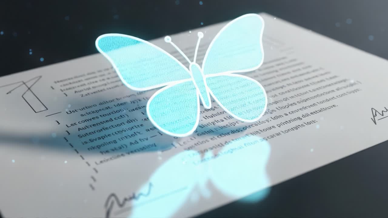Una trasformazione digitale: che testimonia l'evoluzione di una firma elegante in una bellissima farfalla su un documento arricchita con effetti visivi futuristici