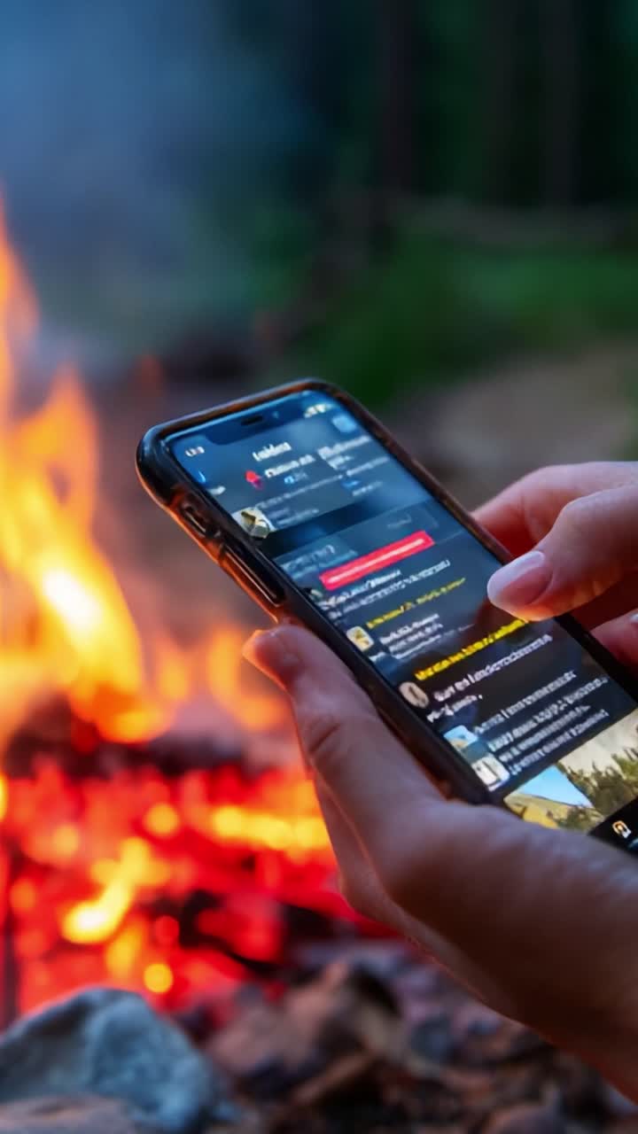 A Cozy Evening by the Campfire, Capturing Moments with a Smartphone While Enjoying the Warmth of Flames Amidst Nature, Connecting with Friends Through Social Media on a Relaxing Night Outdoors