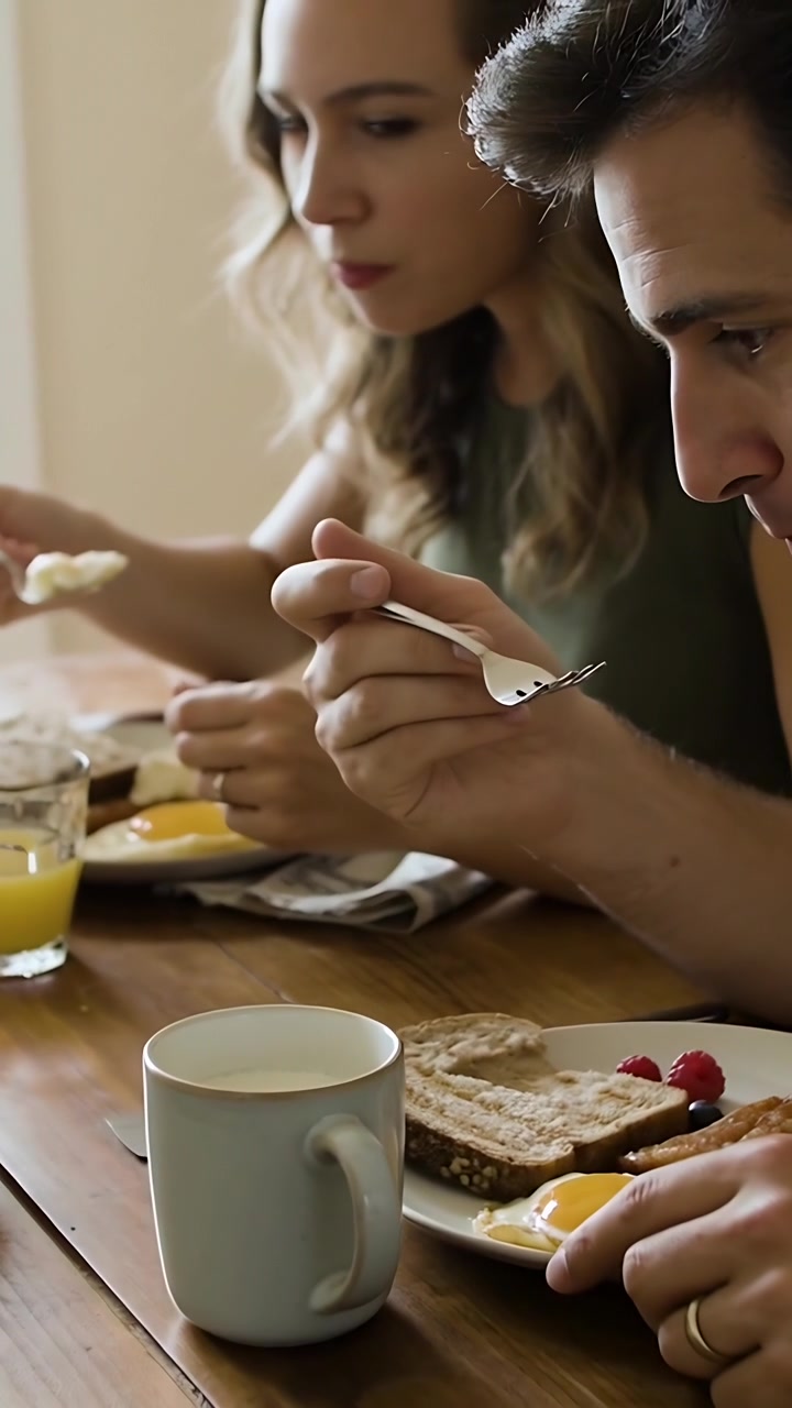 Video vertical: Platos de desayuno mostrando a una pareja comiendo en la mesa de casa, sirviendo huevos y bebiendo zumo de naranja.
