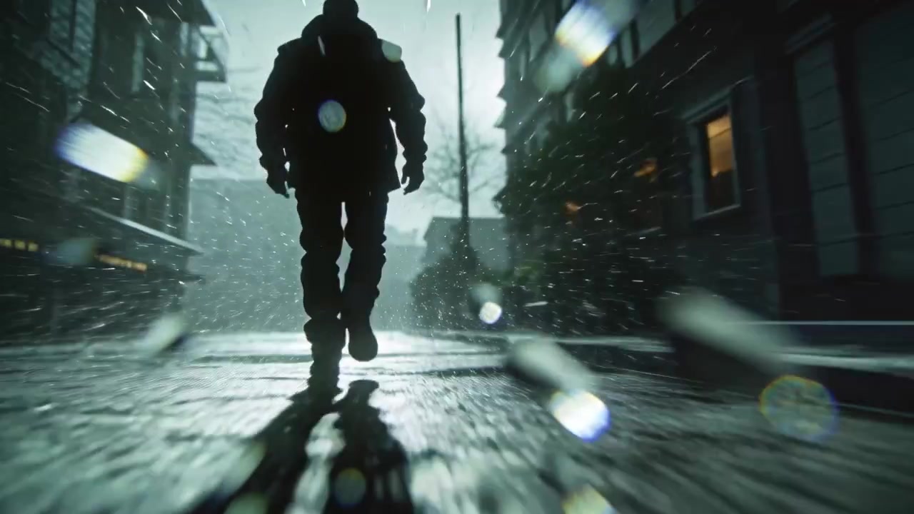 Walking silhouetted man in heavy jacket and boots, emerging from mist and striding on wet street