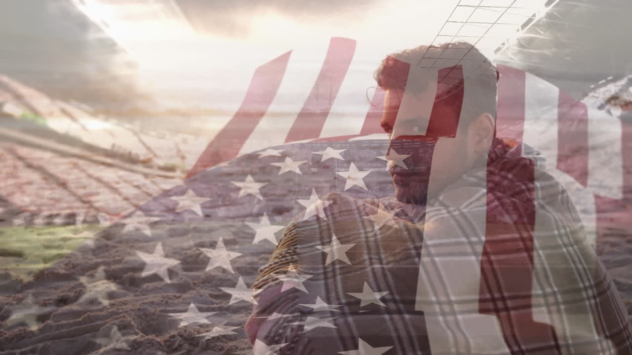 해피 맨 과 스포츠 경기장 위 에 있는 미국 국기 의 애니메이션