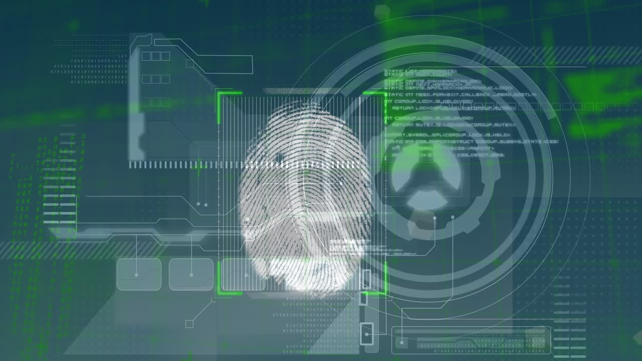 animación de una interfaz gráfica infográfica con huellas dactilares, datos de programación y texto motivador