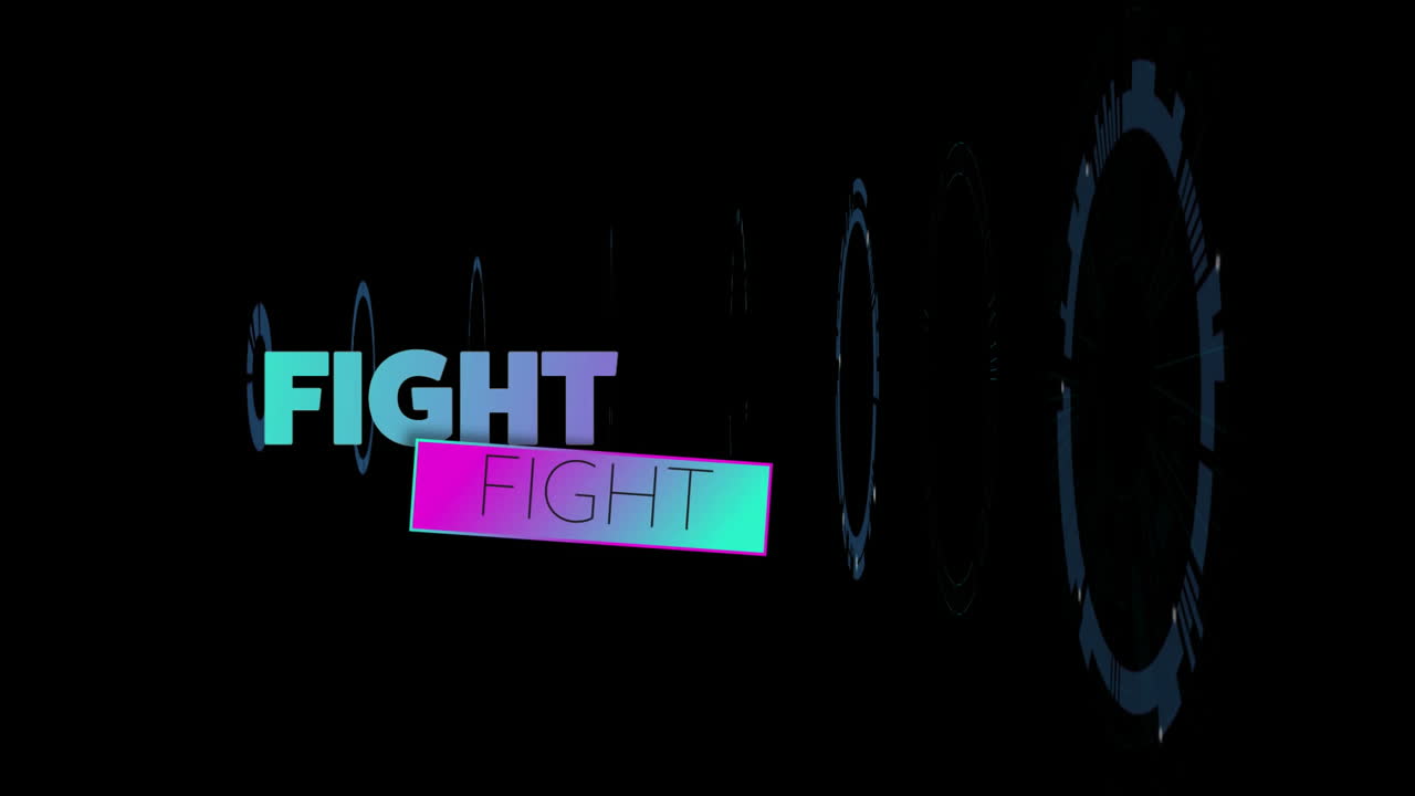 Bold colored fight text with circular animation patterns on black background