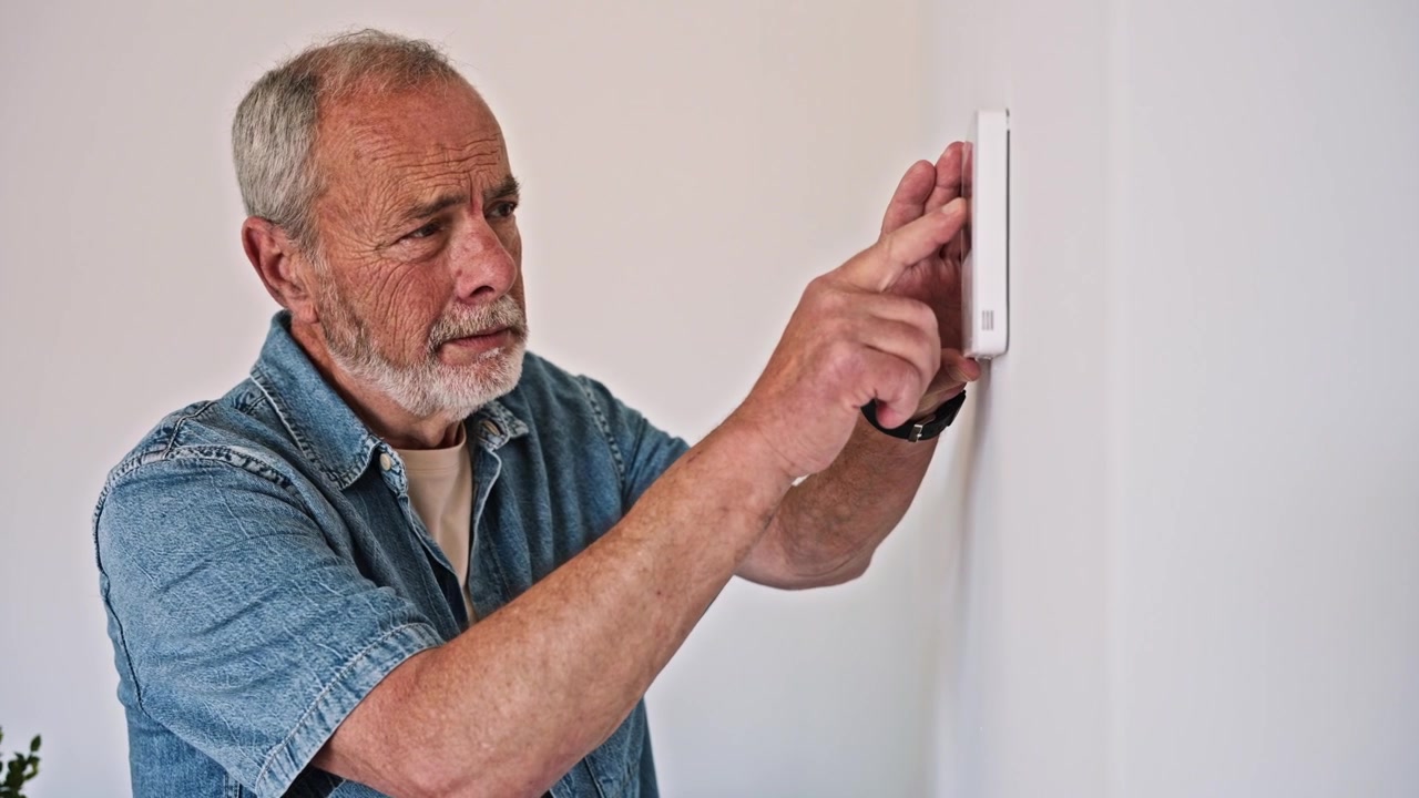 Senior Man Confused by Smart Home Device on Wall