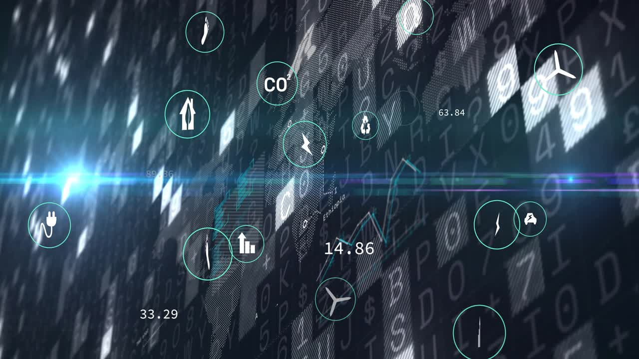 Circular data nodes floating over dotted map, lens flare sliding initiating pulsing updating values