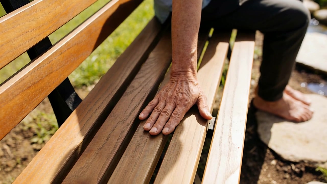 Anziano che abbassa e stabilizza la mano destra sulla doga di una panchina vicino a uno stagno, a piedi nudi su pietre da guado per l'equilibrio