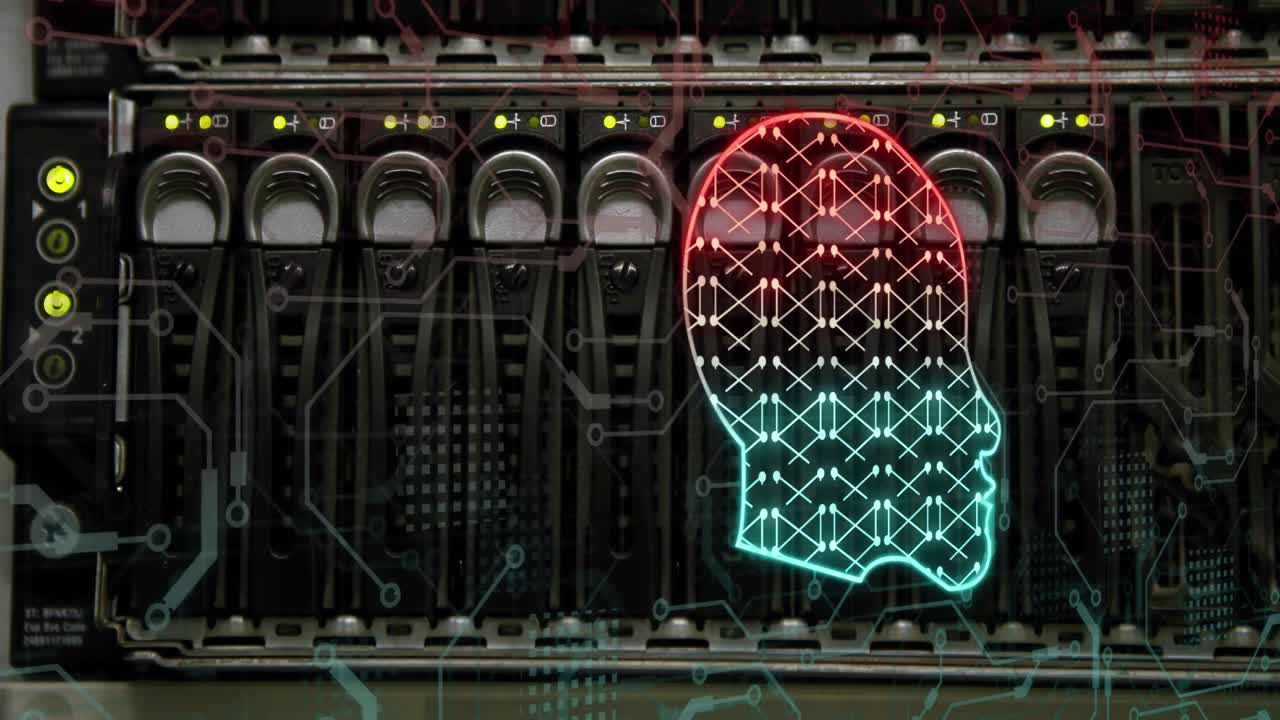 Animation of human head, connections and data processing over server