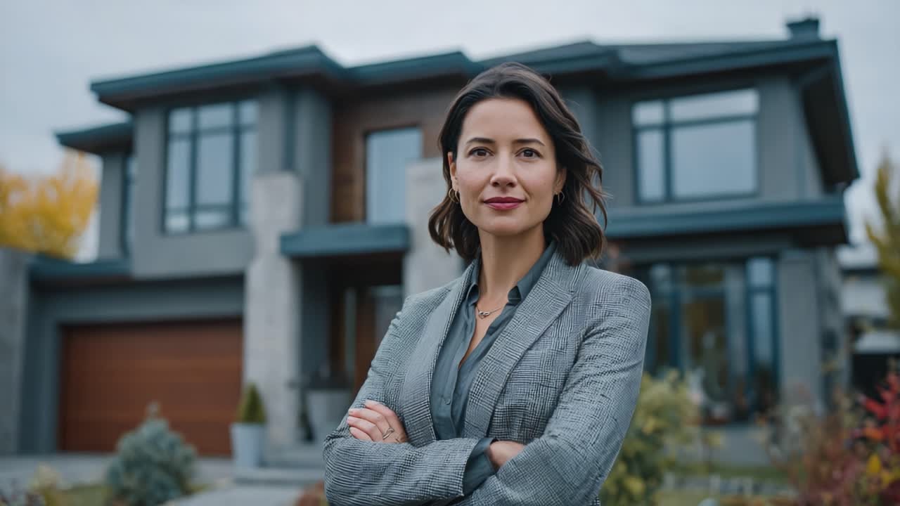 Confident Professional Woman Standing in Front of Modern Luxury House, Emphasizing Empowerment and Success in Real Estate Industry