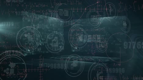 animation of falling icons over data processing on dark background