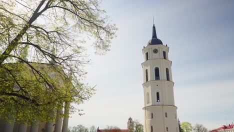 Cathedral-of-Vilnius-Lithuania-White-bell-tower-on-sunny-day-handheld