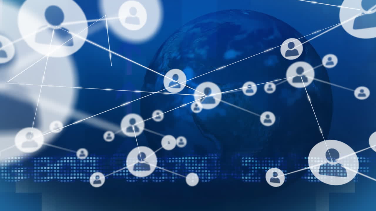 전 세계의 아이콘과 파란색 배경의 데이터 처리에 대한 연결 네트워크의 애니메이션