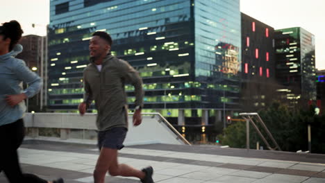 Fitness friends, running in city with cardio