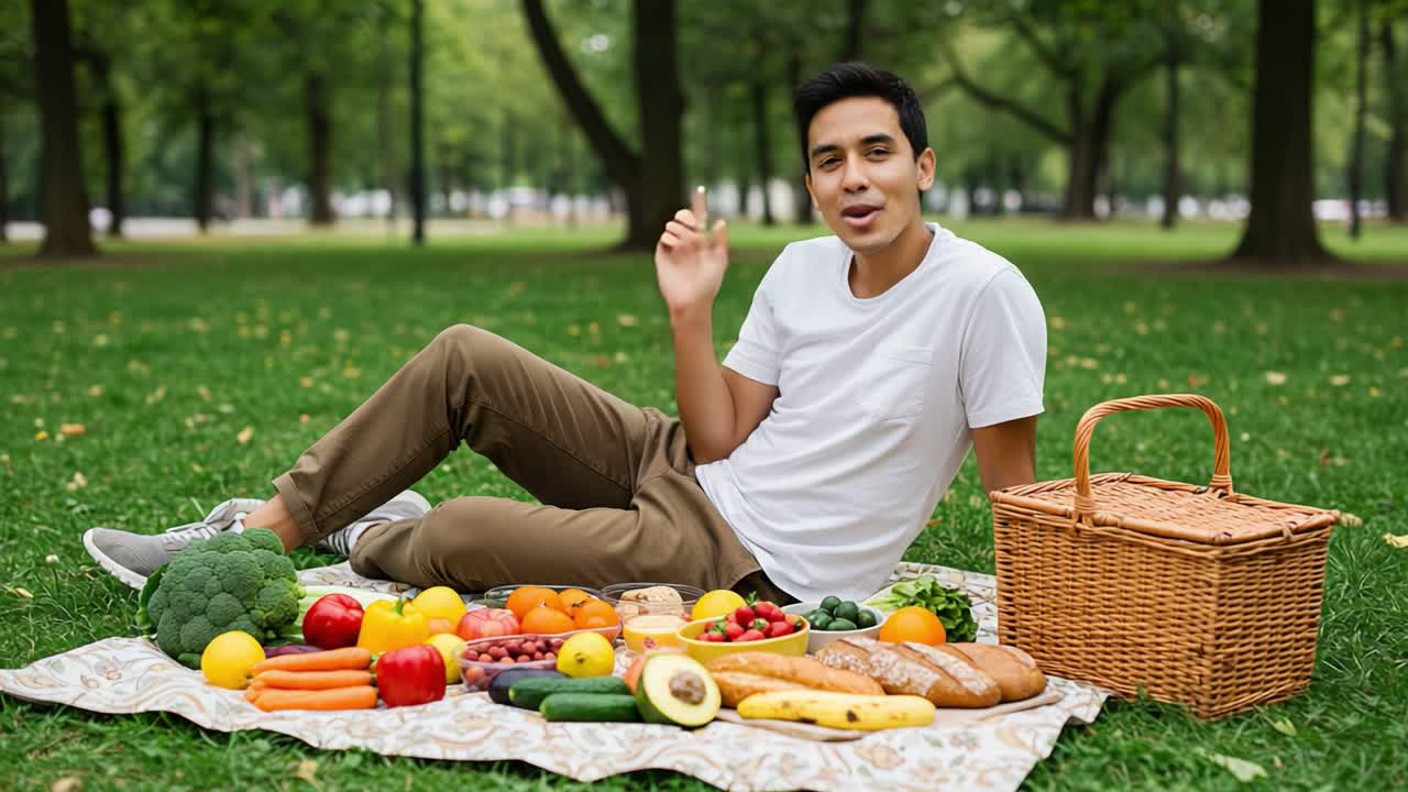 A Relaxed Picnic with Fresh Produce: A Young Man Enjoys a Variety of Fruits and Vegetables Amidst Lush Greenery on a Beautiful Day in the Park