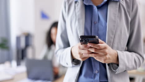 Business,-phone-and-hands-of-woman-in-office