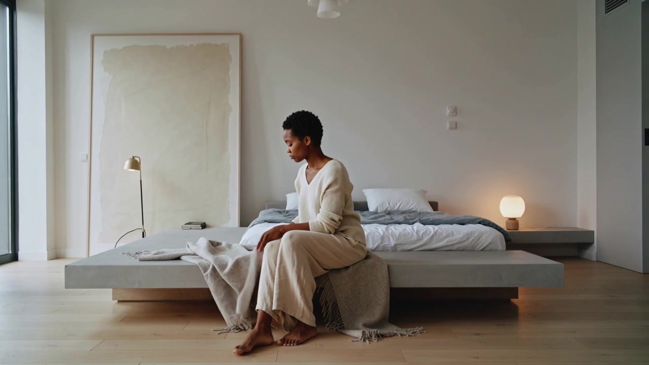 Reaching for folded throw, woman in cream knit lifting unfolding smoothing on platform bed to tidy