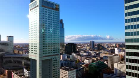 building facade sunshine reflection, city centre, aerial parallax