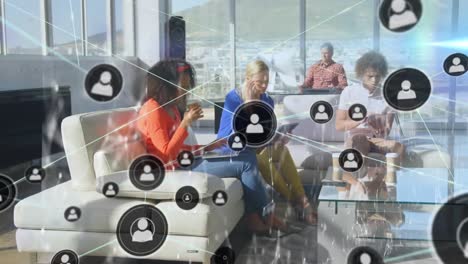 animation of network of connections over diverse business people in office