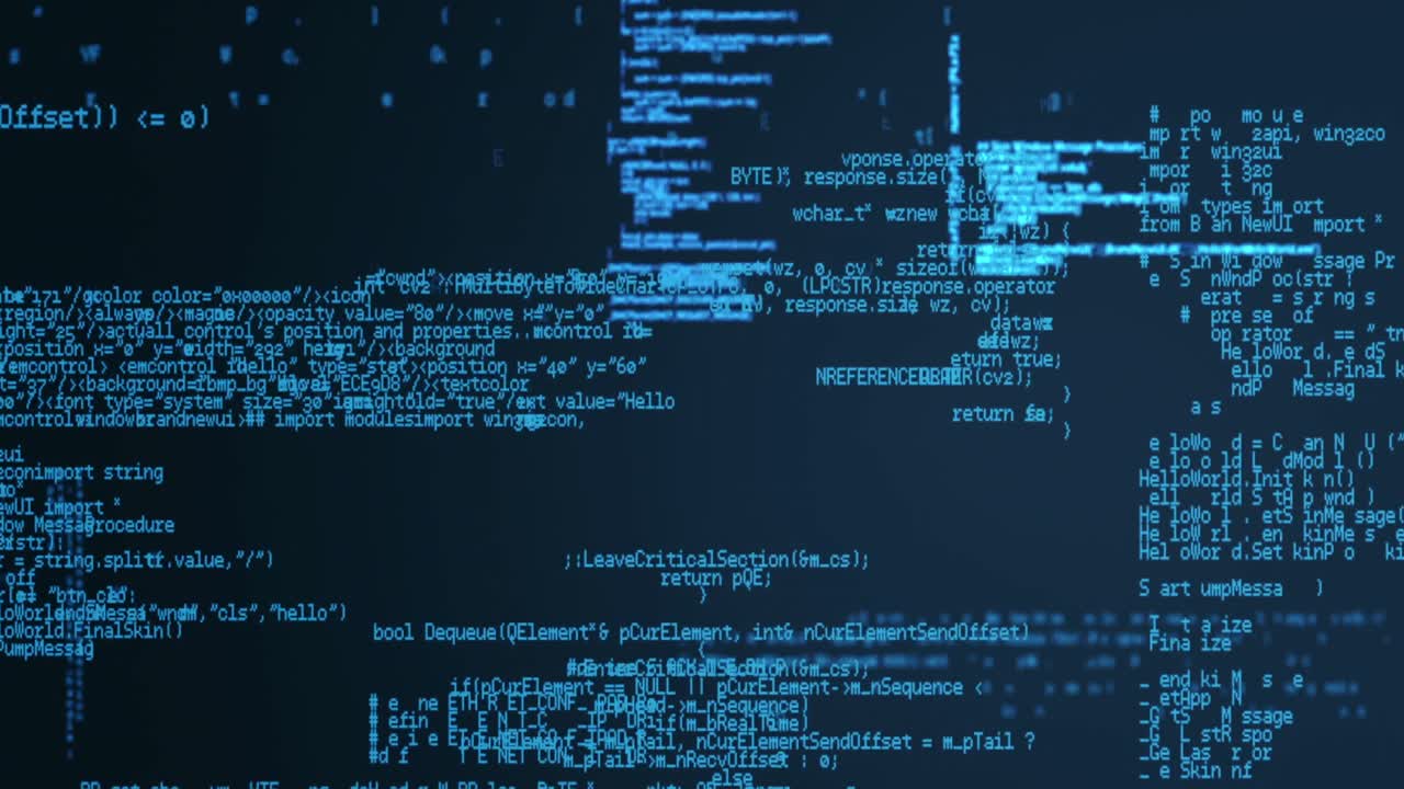 Animation of digital data processing over dark background