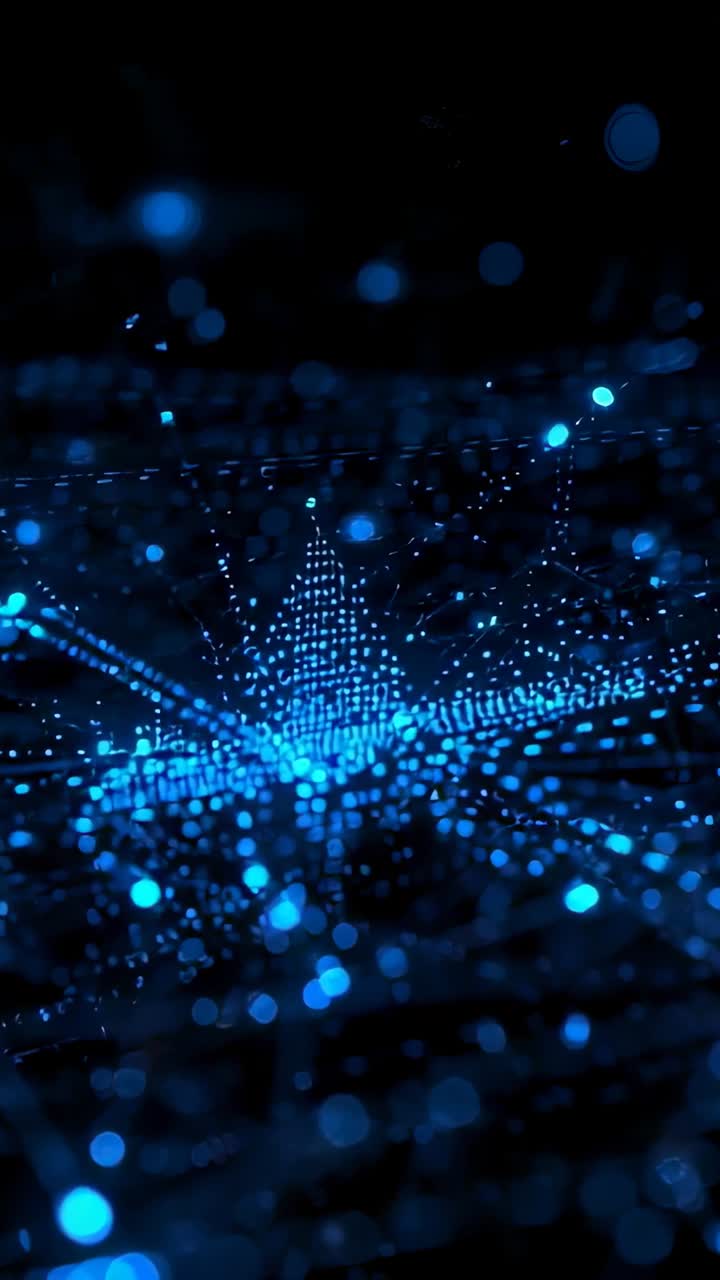 Vertikal video: Svævende elektrisk-blå knudepunkter, der forbindes til en trådmodel i tomrummet og danner en spids