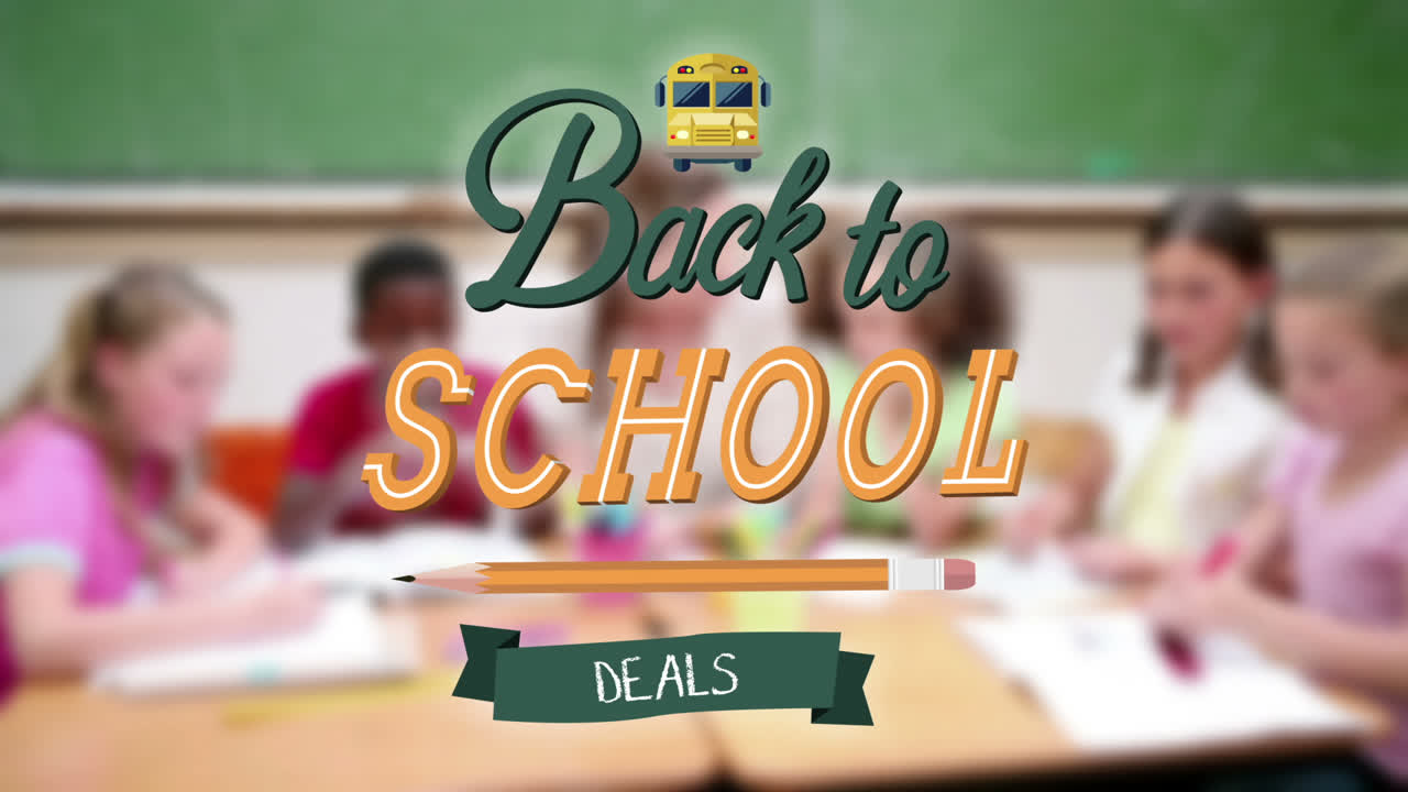 아이콘으로 둘러싸인 학교로 돌아가는 메시지와 교사가 아이들을 가르치는 메시지