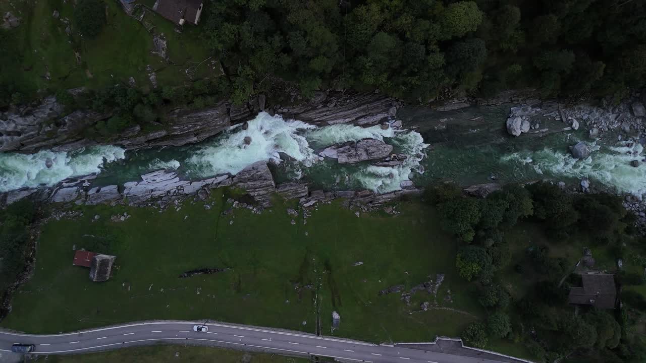 Verzasca river valley Switzerland nature cold mountain stream, aerial top down view