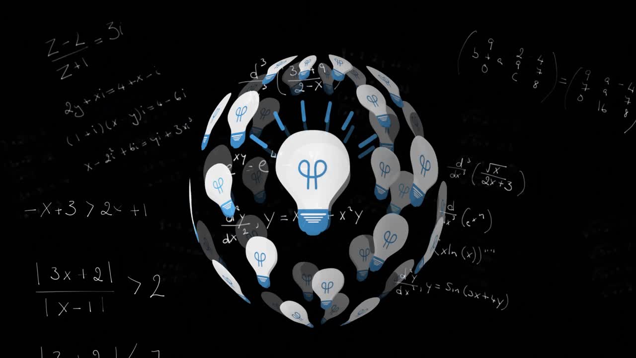 검은 바탕에 수학적 방정식에 대항하여 회전하는 지구를 형성하는 전구 아이콘