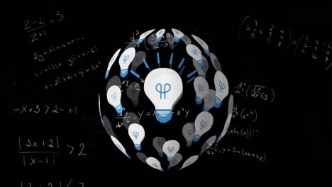 Bulb-icons-forming-a-globe-spinning-against-mathematical-equations-on-black-background