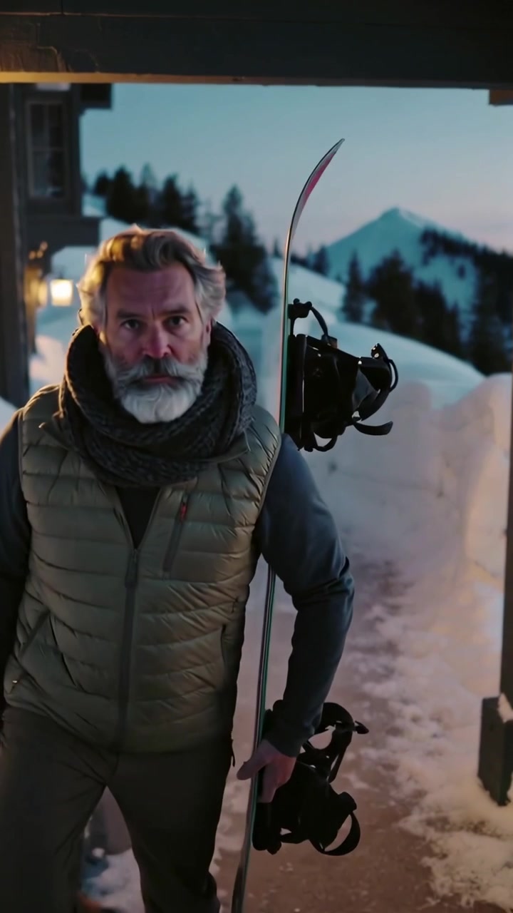 Video verticale: Uomo anziano in gilet che esce da una baita, portando uno snowboard, camminando verso la cima per sciare
