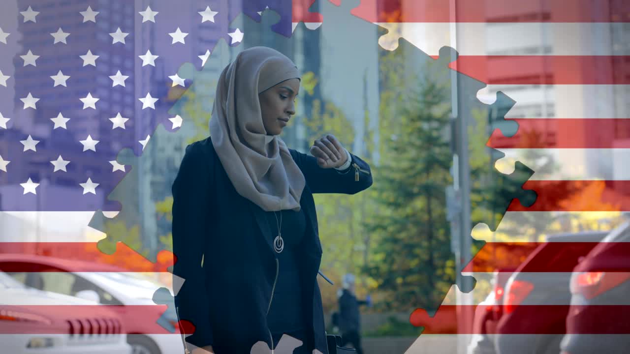 Animation of American flag waving with jigsaw puzzles revealing mixed race woman in hijab