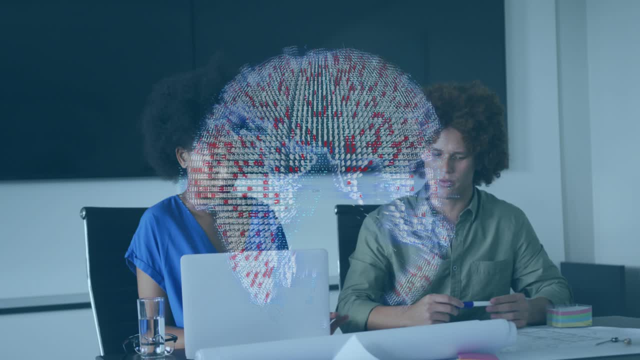 Animation of globe over diverse business people in office