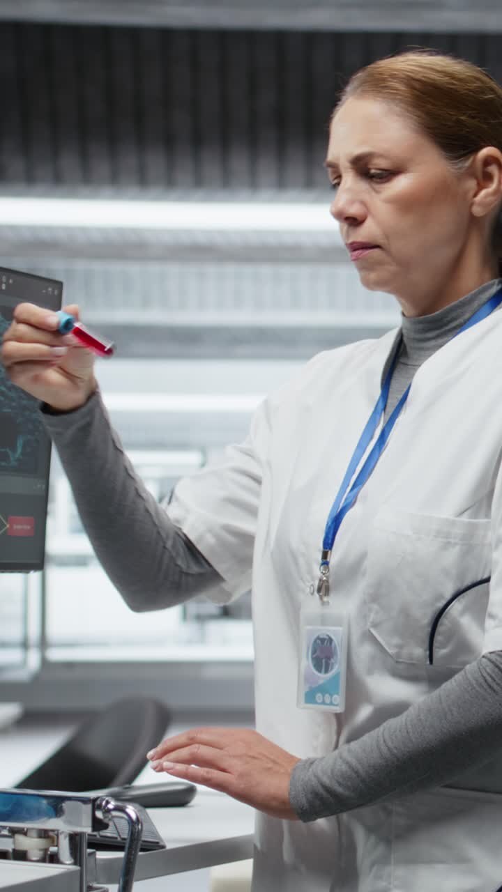 Scienziato di video verticali esamina provette con sangue in un moderno laboratorio