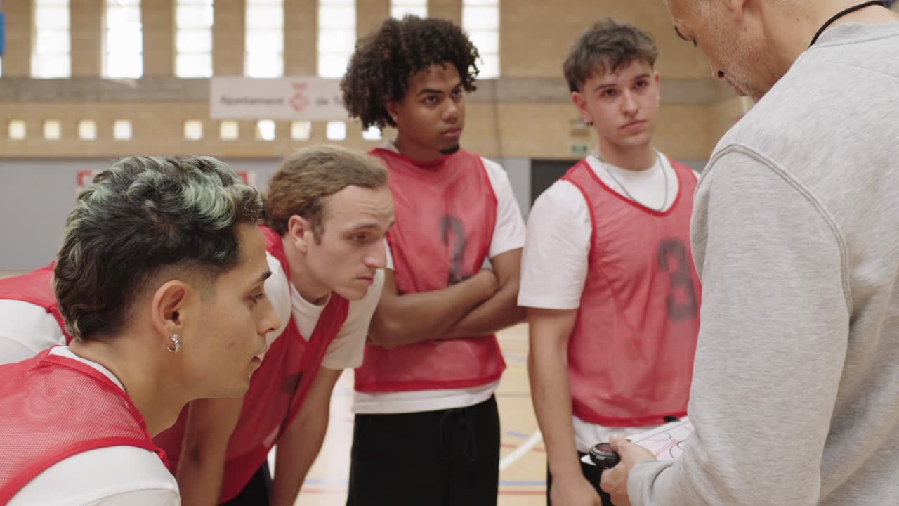 Basketball team strategizing with coach