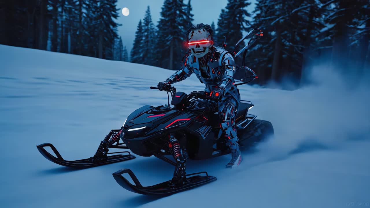 Futuristic Robot on a Snowmobile in a Snowy Forest