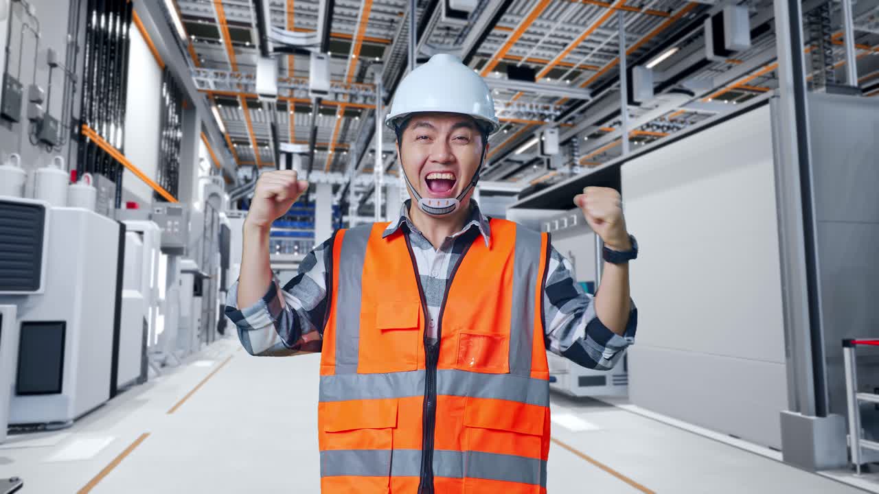 행복한 엔지니어가 공장에서 성공을 축하하고 있습니다.