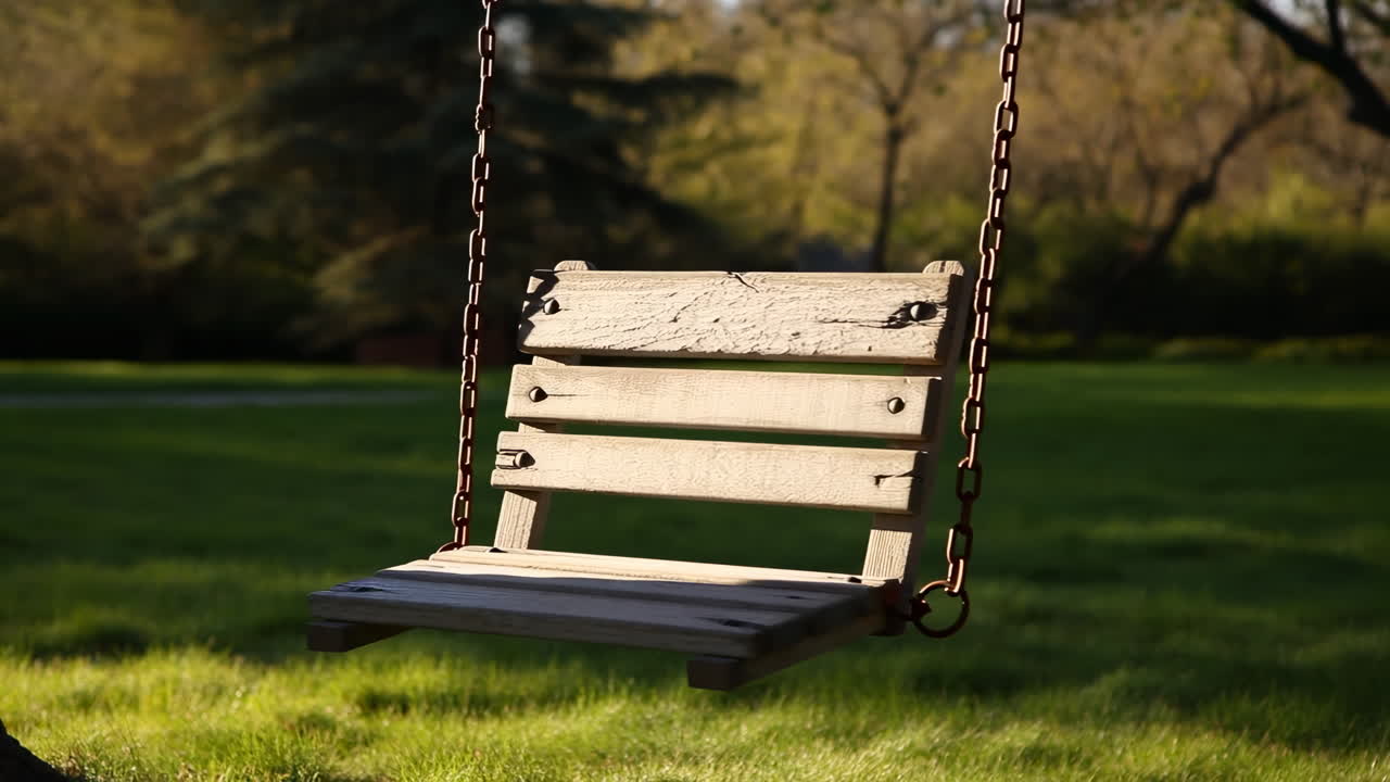 Empty Wooden Swing Swaying Gently in a Sunny Park