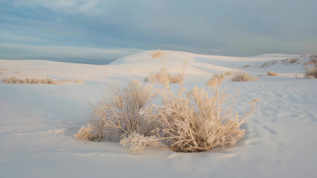Panning camera revealing frost-coated shrub cluster in dune hollow, exposing sunlit footprints
